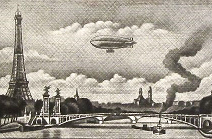 「アレキサンドル三世橋とフランスの飛行船」長谷川潔